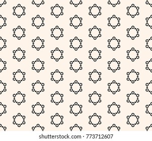Vector seamless pattern with simple small geometric snowflakes, icy figures. Abstract monochrome black and white texture. Modern minimalist background. Repeat design for decoration, prints, textile