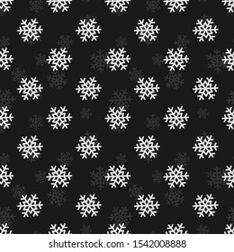 Vector seamless pattern with simple snowflakes on black background. Winter design for greeting card, gift box, wallpaper, fabric, web design.