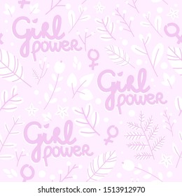 Vector seamless pattern in simple style with hand drawn lettering phrase girl power and flowers on pink background