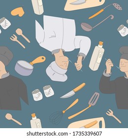 Vector seamless pattern in simple style flat style. Cooking concept, chef tastes food, kitchen utensils, knife, forks, salt, pepper, spices, olive oil in a bottle.