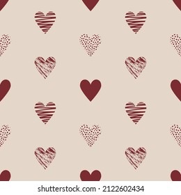 Vector Seamless pattern with simple textured, hatched hearts for Valentine's day. Beige background. Great for wrapping paper, textiles, fabric, T-shirts and scrapbooking