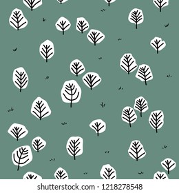 Vector seamless pattern with simple trees. Abstract hand drawn forest background. Minimalistic graphic design for paper, invitations, wrapping, textile print.