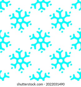 Vector seamless pattern of simple turquoise snowflakes. a pattern of doodle-style snowflakes with dots, bright blue color is evenly arranged on a white background for a winter design template