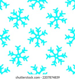 Vector seamless pattern of simple turquoise snowflakes. a doodle-style snowflake pattern in bright blue with dashes is often evenly placed on a white background for a winter design template