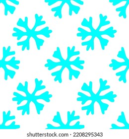 Vector seamless pattern of simple turquoise snowflakes. a doodle-style snowflake pattern of bright blue color is uniformly often placed on a white background for a winter design template