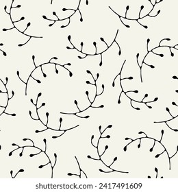 Vector seamless pattern with simple twigs and leaves. Graphically natural print. Repeating natural texture.