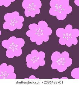 Vector seamless pattern with simple violet flowers on dark background. Simple doodle flowers, spring bloom pattern design