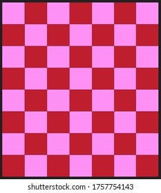 Vector seamless pattern simulates a pink and red chessboard, isolated on black background.
