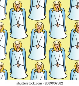 Vector seamless pattern with singing, praying angels. Background, texture on theme of Christmas, religion, Bible, Easter