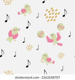 Vector seamless pattern with singing song birds, musical notes, instruments maracasas and triangles, dots.