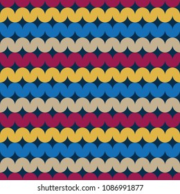 Vector seamless pattern. Sinusoid, worm, wave, stripes of yellow, blue, whit and red. Diamond