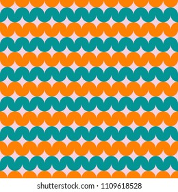 Vector seamless pattern. Sinusoid, worm, wave, stripes of green, orange colors. White diamond. Retro style.