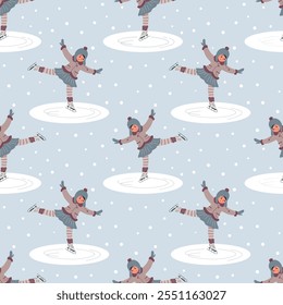 Vetor padrão sem emenda com meninas de patinação. Esporte de inverno papel de parede. Repetir a textura para a matéria têxtil.