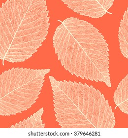 Vector seamless pattern with skeletonized elm leaves.