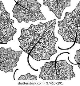 Vector seamless pattern with skeletonized poplar leaves.