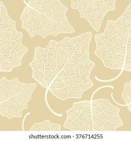 Vector seamless pattern with skeletonized poplar leaves.