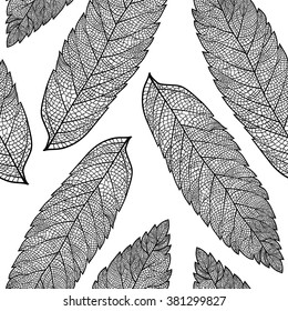 Vector seamless pattern with skeletonized rowan leaves.