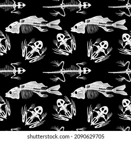 Vector seamless pattern with skeletons of fish, frog and lizard on a black background