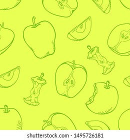 Vector Seamless Pattern of Sketch Apples on Green Background