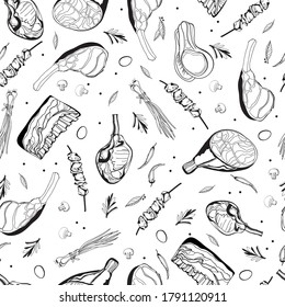 Vector seamless pattern with sketch art. Hand drawn meat for a grill bar background.