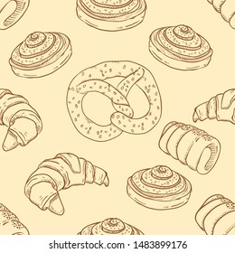 Vector Seamless Pattern of Sketch Bakery on Beige Background