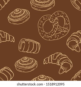 Vector Seamless Pattern of Sketch Bakery on Brown Background