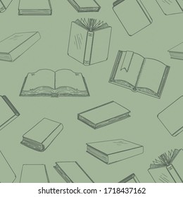 Vector Seamless Pattern of Sketch Books on Green Background