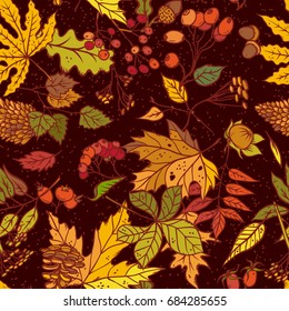 Vector seamless pattern sketch branches with autumn leaves, cones, dried flowers and ripe berries. Colourful herbal graphics. Elements september or october leaf fall and harvest on brown background.