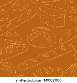 Vector Seamless Pattern of Sketch Bread on Orange Background
