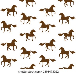 Vector seamless pattern of sketch brown horse silhouette isolated on white background
