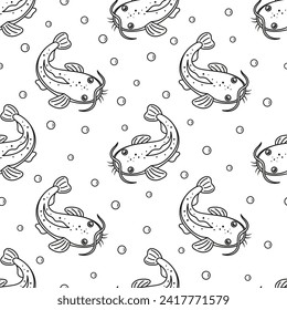 vector seamless pattern of sketch catfish fish isolated on white background, simple design