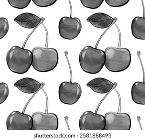 Vector seamless pattern with sketch cherries with hatching on white background. Texture with drawing berries for fabrics