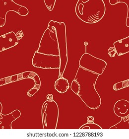 Vector Seamless Pattern with Sketch Christmas Objects on Red Background