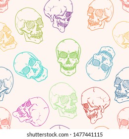 Vector Seamless Pattern of Sketch Colorful Skulls on White Background