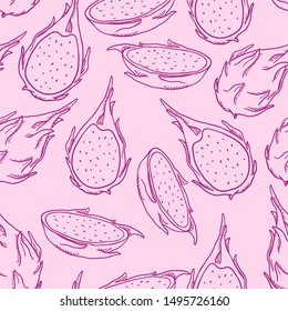 Vector Seamless Pattern of Sketch Dragon Fruits on Pink Background