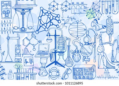 Vector seamless pattern with sketch elements related to science or education. Physics or chemistry abstract background with parts of decorative lab tools and diagrams. Hand drawn.