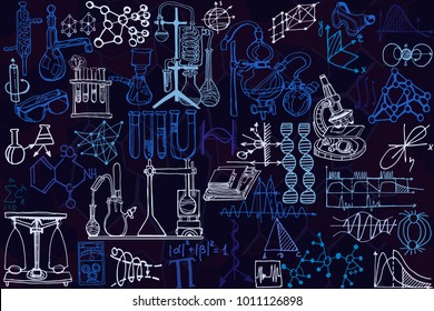 Vector seamless pattern with sketch elements related to science or education. Physics or chemistry abstract background with parts of decorative lab tools and diagrams. Hand drawn.