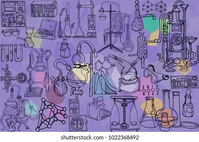 Vector seamless pattern with sketch elements related to science or education. Physics or chemistry abstract background with decorative lab tools illustrating experiments and measurement. Hand drawn.