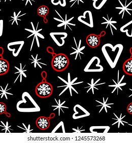 Vector Seamless pattern with sketch elements. Abstract fashion style. Merry Christmas holiday design. Black and white with red design background