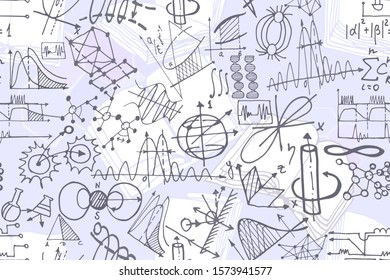 Vector seamless pattern with sketch elements related to science or education. Physics or chemistry abstract background with parts of decorative tools and diagrams on   white board. Hand drawn.