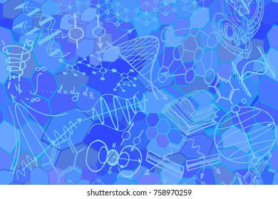 Vector seamless pattern with sketch elements related to science. Physics or chemistry abstract blue background with parts of decorative graphs en diagrams chaotically drawn on blue board. Hand drawn.