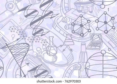 Vector seamless pattern with sketch elements related to science. Physics or chemistry abstract background with parts of decorative graphs en diagrams chaotically drawn on white board. Hand drawn.