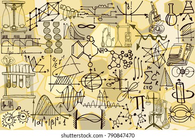 Vector seamless pattern with sketch elements related to science or education. Physics or chemistry abstract background with decorative tools and diagrams on light yellow background. Hand drawn.