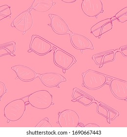 Vector Seamless Pattern of Sketch Eyeglasses on Pink Background