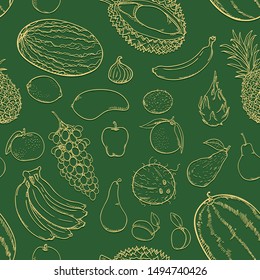 Vector Seamless Pattern of Sketch Fruits on Green Background