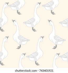 Vector seamless pattern sketch of gray geese on a pink background.