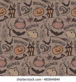 Vector seamless pattern with sketch Halloween characters witch hat, cauldron, bat, pumpkin, spider, web. Endless background with hand drawn elements and handwritten lettering