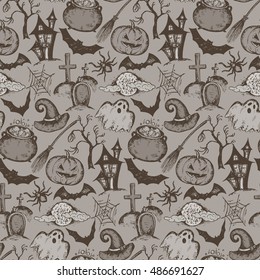 Vector seamless pattern of sketch Halloween characters witch hat, cauldron, tree, bat, pumpkin, ghost, spider, house, web, moon Endless background with hand drawn elements