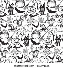 Vector seamless pattern with sketch Halloween characters witch hat, cauldron, tree, bat, pumpkin, ghost, spider, house, web, moon Endless background with hand drawn elements