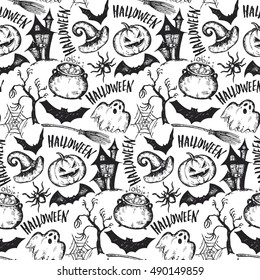 Vector seamless pattern with sketch Halloween characters witch hat, cauldron, bat, pumpkin, spider, web. Endless background with hand drawn elements and handwritten lettering.